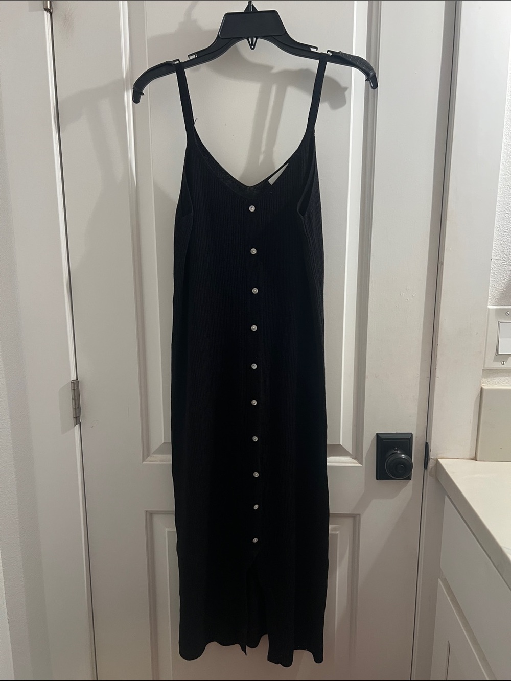 Knit Black Button-Front Maxi Dress with Spaghetti Straps